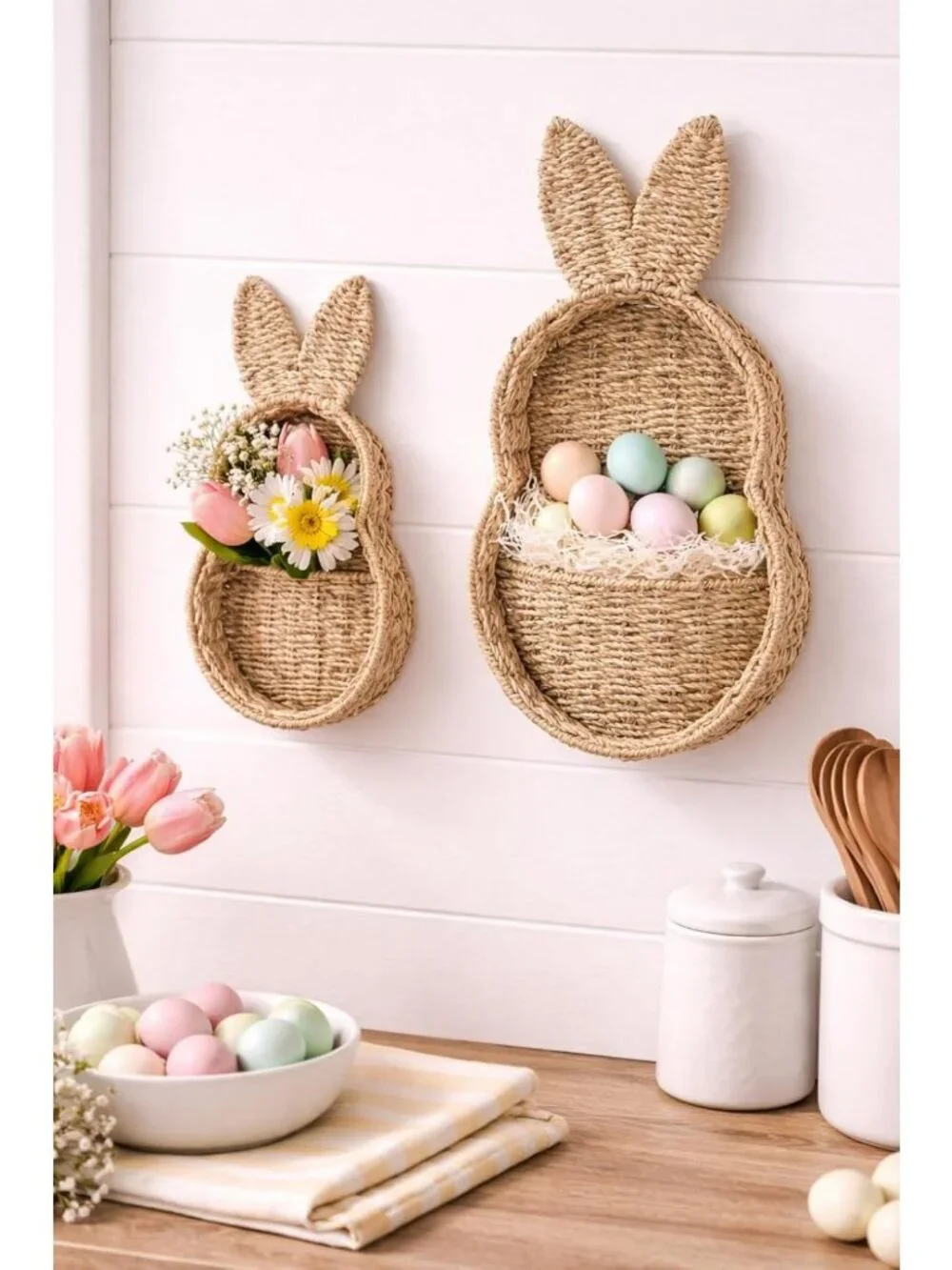 Bunny-Shaped Seagrass Baskets for Easter Decor - Decorative Storage Trays, 2